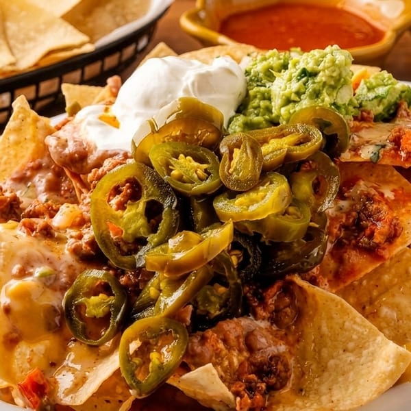 A large plate of nachos with ground beef, melted cheese, jalapeños, sour cream, and guacamole.