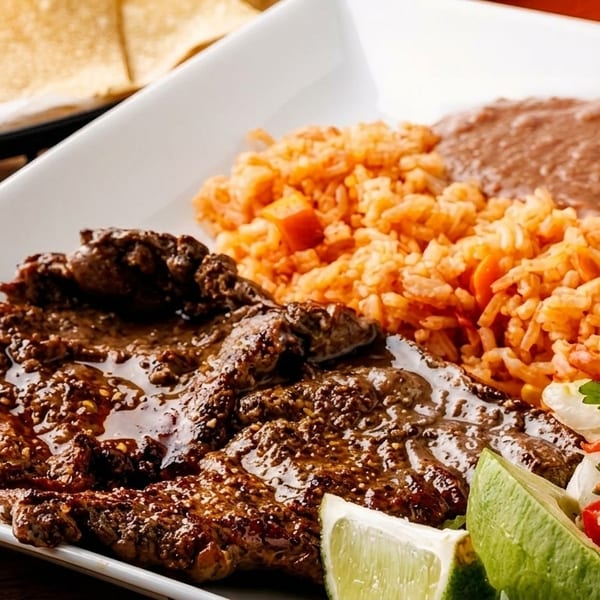Carne asada with rice, refried beans, pico de gallo, and lime wedges on a white plate.