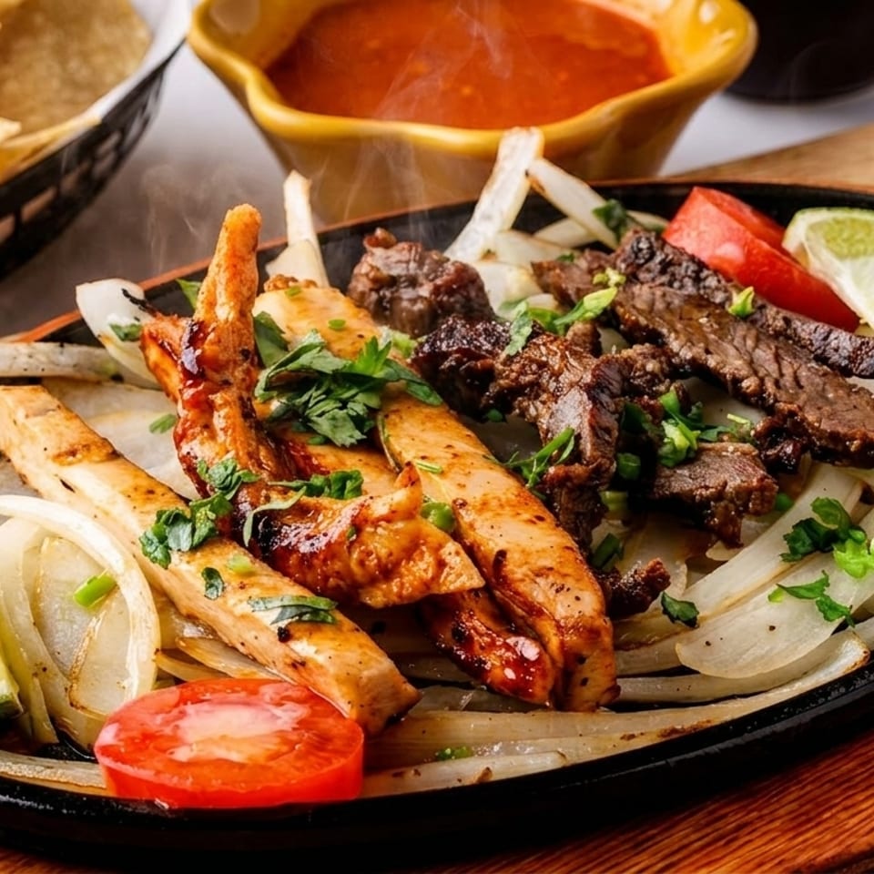 Sizzling chicken and beef fajitas with onions, tomatoes, and lime in a cast iron skillet.