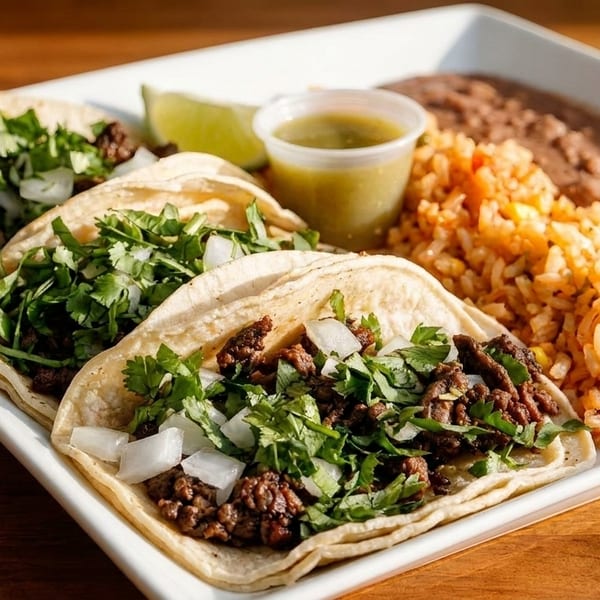 Three street tacos with cilantro and onions, served with rice, refried beans, and salsa.