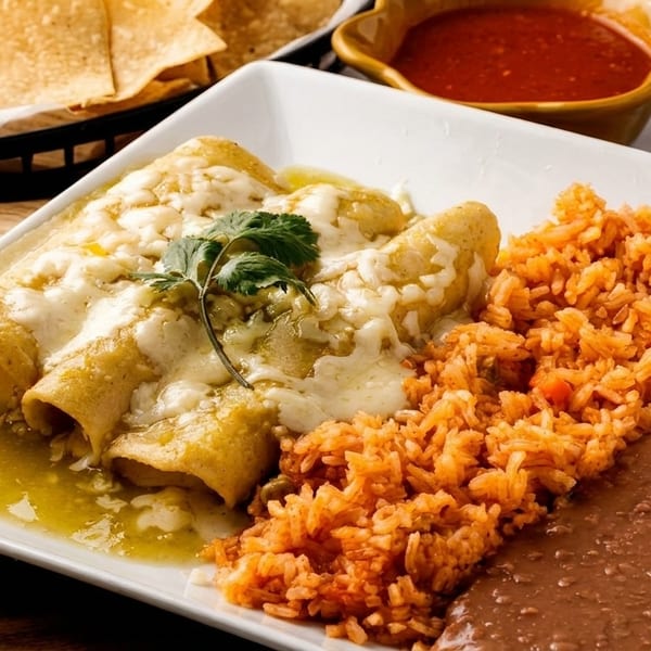Three green enchiladas with melted cheese and cilantro, served with rice and refried beans.