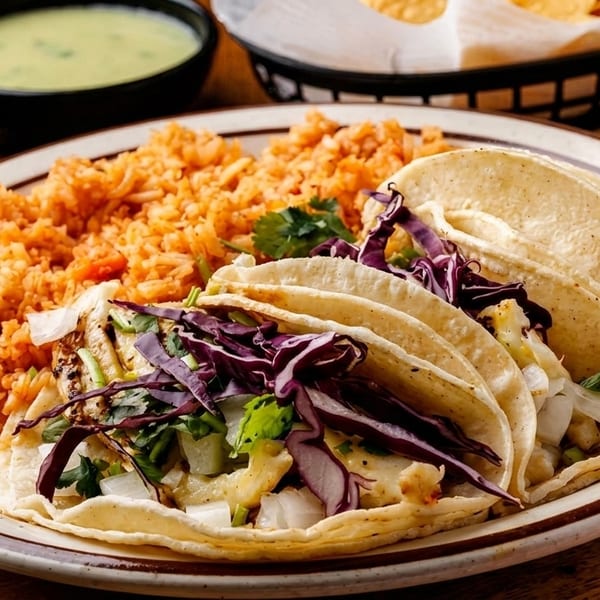 Three fish tacos with red cabbage and cilantro, served with rice, salsa, and guacamole.